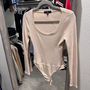 Lulu's Beige Ribbed Scoop Neck Bodysuit